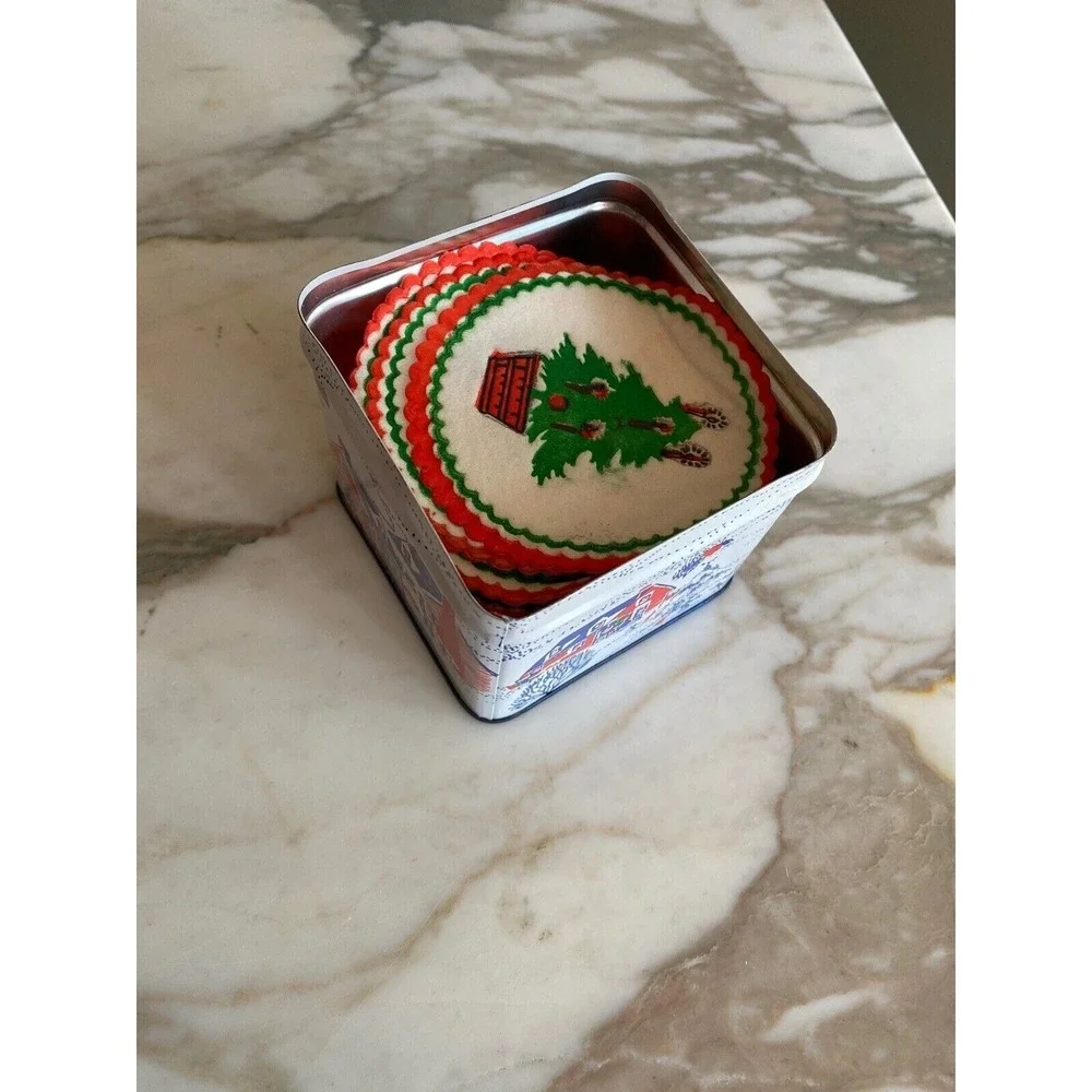 Interpur Coaster Set Blue 1985 Vintage Christmas Village Tin Fabric Coasters